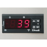 A close-up of a Dixell digital temperature controller on a commercial refrigerator displays 39°F in bright red numbers. The panel includes arrow buttons, a SET button, and snowflake icons, all set against stainless steel.
