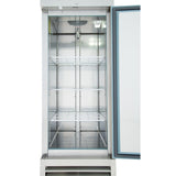 A stainless steel, upright reach-in refrigerator with the door open reveals three empty wire shelves inside. The interior is clean and well-lit, featuring a blue gasket seal on the door. The vent and control panel are visible at the bottom.