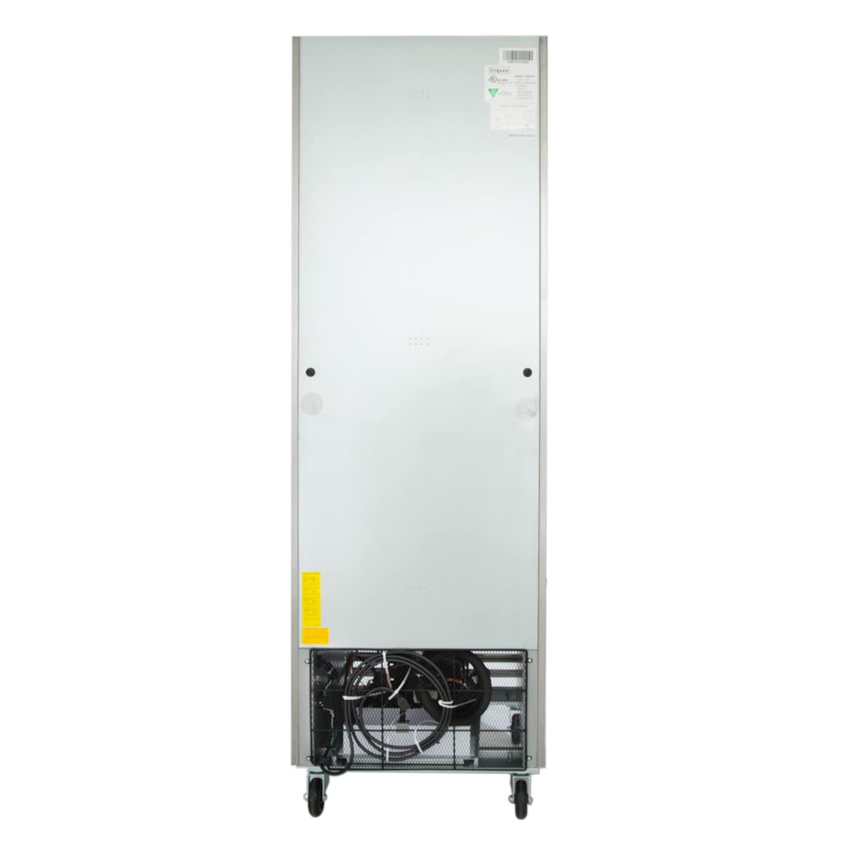 A tall, upright stainless steel reach-in refrigerator seen from the back. The plain metal surface features a vented panel at the bottom exposing internal components and wiring, four caster wheels at the base, and labels on the upper and lower sections.