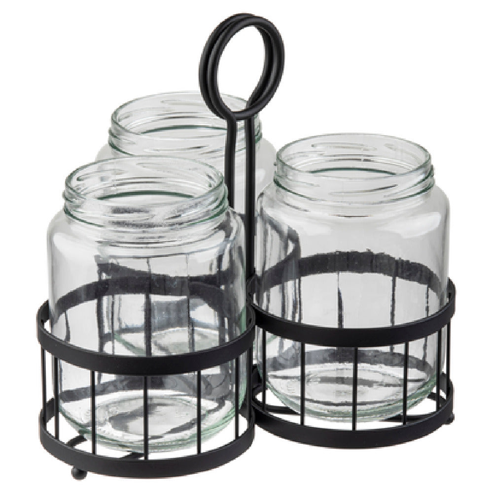 Tablecraft MJRB3 Meranda Collection™ Cutlery Holder Set Includes (3) Clear Glass Jars & Black Rack (1 Set Minimum Order)