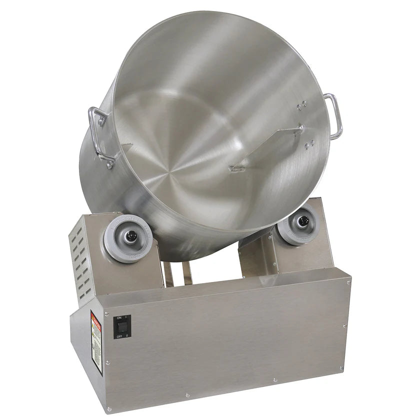 A large, stainless steel Gold Medal Products 8 gallon blending pot is mounted at an angle on a sturdy metal base with two visible knobs and a power switch—ideal for mixing Cheddar Easy Cheese Corn or other large-batch recipes.