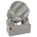A large, stainless steel Gold Medal Products 8 gallon blending pot is mounted at an angle on a sturdy metal base with two visible knobs and a power switch—ideal for mixing Cheddar Easy Cheese Corn or other large-batch recipes.