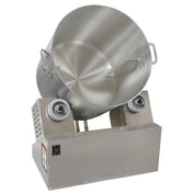 A large, stainless steel Gold Medal Products 8 gallon blending pot is mounted at an angle on a sturdy metal base with two visible knobs and a power switch—ideal for mixing Cheddar Easy Cheese Corn or other large-batch recipes.