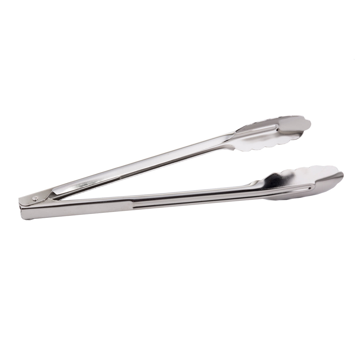 A pair of 12 inch stainless steel Utility Tongs with scalloped edges is shown in a closed position on a white background. The simple, sturdy design features a hinge at one end for gripping and holding food securely.