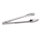 A pair of 12 inch stainless steel Utility Tongs with scalloped edges is shown in a closed position on a white background. The simple, sturdy design features a hinge at one end for gripping and holding food securely.