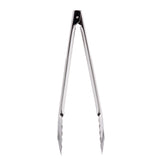 A pair of 12 inch stainless steel Utility Tongs is shown standing upright against a white background. The tongs have scalloped gripping edges and a simple hinge design for picking up or turning food.
