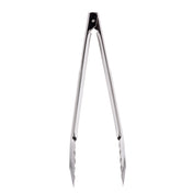 A pair of 12 inch stainless steel Utility Tongs is shown standing upright against a white background. The tongs have scalloped gripping edges and a simple hinge design for picking up or turning food.