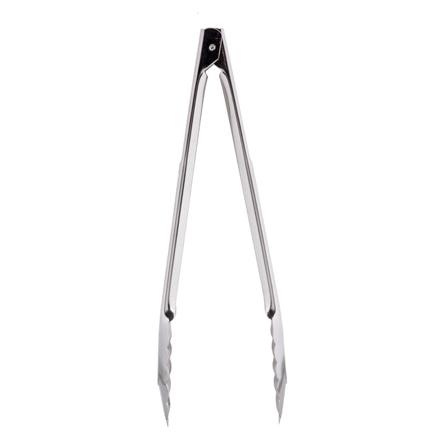 A pair of 12 inch stainless steel Utility Tongs is shown standing upright against a white background. The tongs have scalloped gripping edges and a simple hinge design for picking up or turning food.