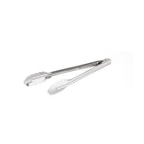 A pair of 12 inch stainless steel utility tongs with scalloped edges and a locking mechanism at the handle, isolated on a white background.