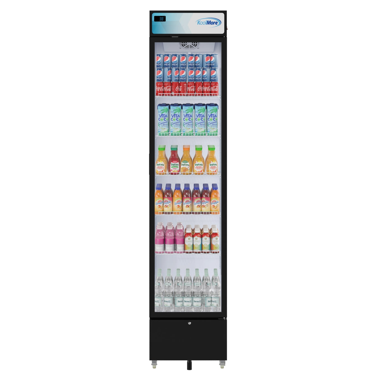 A tall, slim commercial merchandiser refrigerator with a glass door showcases assorted drinks. Shelves display cans of soda, juice boxes, bottled juices, iced tea, and sparkling water. The fridge is labeled “KoolMore” at the top.