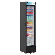 Tall black commercial merchandiser refrigerator with a glass door, stocked with various drinks. Milk cartons fill the top shelf, juice boxes and bottled juices are below, while ready-to-drink beverages and clear bottled water line the bottom shelves.
