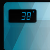 A digital display on a sleek glass door refrigerator shows 38°F in large blue numbers atop a glossy, geometric-patterned surface in blue and teal. The slim rectangular display with rounded corners is set in the upper left of the image.
