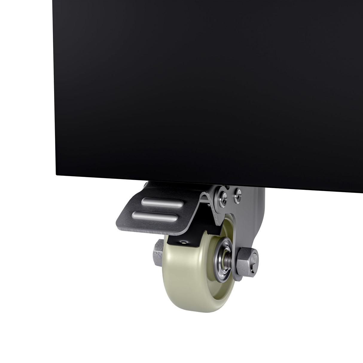 Close-up of a light-colored caster wheel attached to the bottom corner of a black panel on a commercial merchandiser refrigerator. The metal bracket features a foot-operated brake, all set against a plain white background for clear focus.