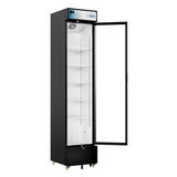 A tall, black commercial merchandiser refrigerator stands upright with its glass door open. The slim refrigerator features multiple adjustable white wire shelves, a KoolMore logo on top, and wheels for easy mobility.