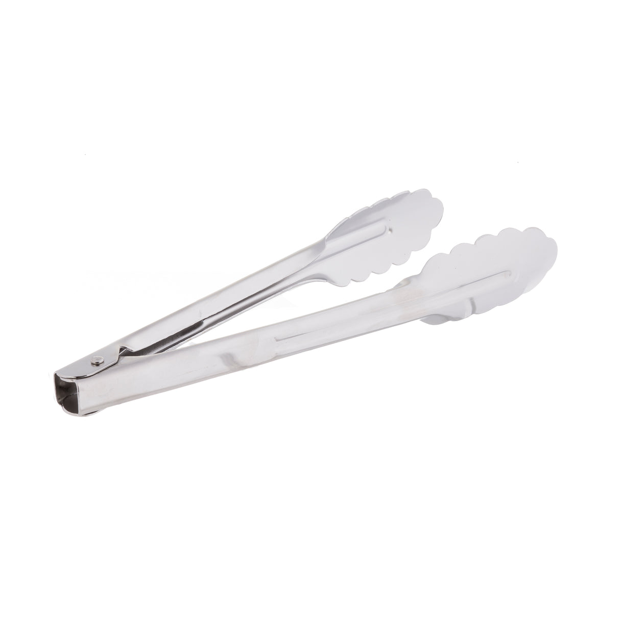 A pair of stainless steel utility tongs with scalloped edges, shown closed against a white background. The simple hinge design makes these dishwasher safe tongs perfect for gripping and serving food with ease.