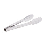 A pair of stainless steel utility tongs with scalloped edges, shown closed against a white background. The simple hinge design makes these dishwasher safe tongs perfect for gripping and serving food with ease.