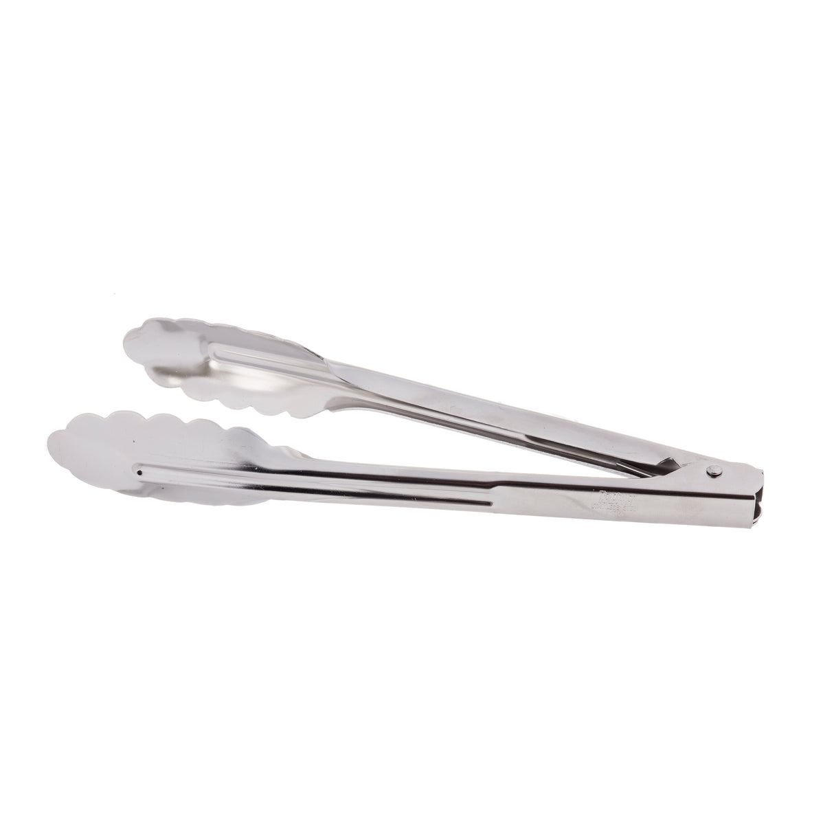 A pair of stainless steel utility tongs with scalloped edges, shown closed and viewed from the side, isolated on a white background. These durable, dishwasher safe tongs feature a simple, utilitarian design and shiny finish.