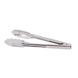 A pair of stainless steel utility tongs with scalloped edges, shown closed and viewed from the side, isolated on a white background. These durable, dishwasher safe tongs feature a simple, utilitarian design and shiny finish.