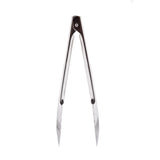 Stainless steel utility tongs with scalloped edges, viewed upright and open, isolated on a white background. The handles are straight and the gripping ends are slightly curved. These dishwasher safe tongs offer precise control for any kitchen task.