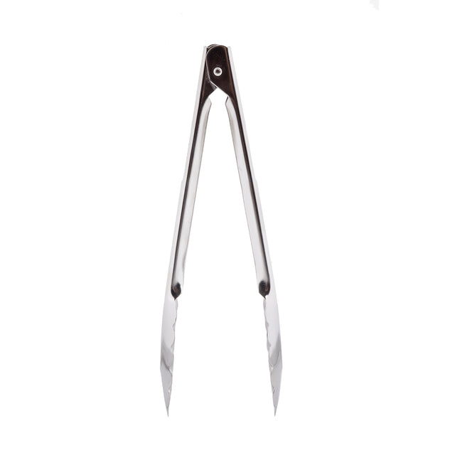 Stainless steel utility tongs with scalloped edges, viewed upright and open, isolated on a white background. The handles are straight and the gripping ends are slightly curved. These dishwasher safe tongs offer precise control for any kitchen task.