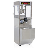 The ReadyPop popcorn popper features stainless steel construction, a transparent upper compartment, dispensing spout, cup holder with cups, and a lit POPCORN sign. Below is a convenient popcorn storage cabinet, all supported by four sturdy feet.