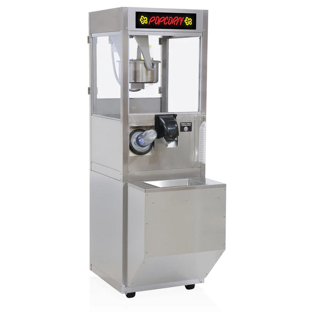 The ReadyPop popcorn popper features stainless steel construction, a transparent upper compartment, dispensing spout, cup holder with cups, and a lit POPCORN sign. Below is a convenient popcorn storage cabinet, all supported by four sturdy feet.