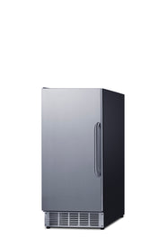 A standalone stainless steel refrigerator with a plain front door, curved vertical handle on the right, vented base, and a built-in ice maker. The modern rectangular design features a black side panel and sits against a white background.