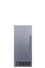 A stainless steel, single-door under-counter refrigerator with a vertical handle on the right and ventilation grilles near the bottom, shown against a plain white background. This sleek unit features a built-in ice maker for added convenience.
