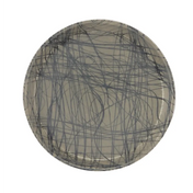 A round fiberglass tray with a beige background features an abstract design of intersecting, dark gray scribble lines, creating a chaotic, modern pattern. Durable and dishwasher safe, the plate is photographed against a plain white background.