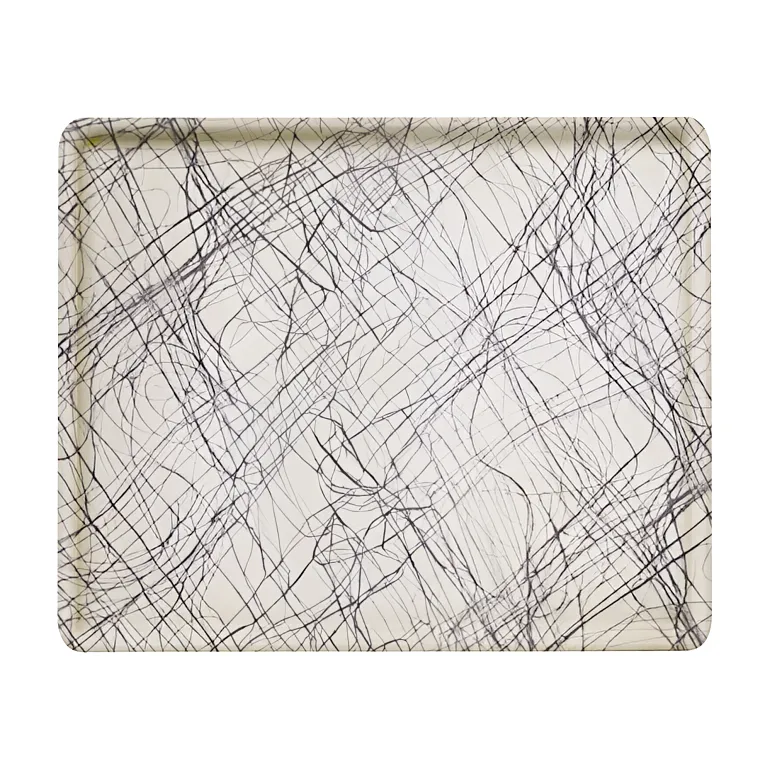 A rectangular Camtray with a white background, featuring an abstract pattern of thin, intersecting black lines in a chaotic, scribble-like design. Made from high-impact fiberglass, the tray has slightly raised edges and rounded corners.