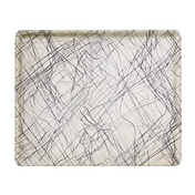 A rectangular Camtray with a white background, featuring an abstract pattern of thin, intersecting black lines in a chaotic, scribble-like design. Made from high-impact fiberglass, the tray has slightly raised edges and rounded corners.