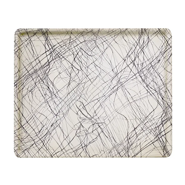 A rectangular Camtray with a white background, featuring an abstract pattern of thin, intersecting black lines in a chaotic, scribble-like design. Made from high-impact fiberglass, the tray has slightly raised edges and rounded corners.