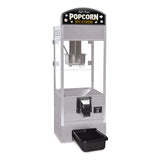 A silver countertop model popcorn popper with a clear glass front, a black and gold “Popcorn Hot & Fresh” sign on top, a self-serve dispenser lever, and a black tray at the bottom to catch popcorn; kettle and interior parts are visible.