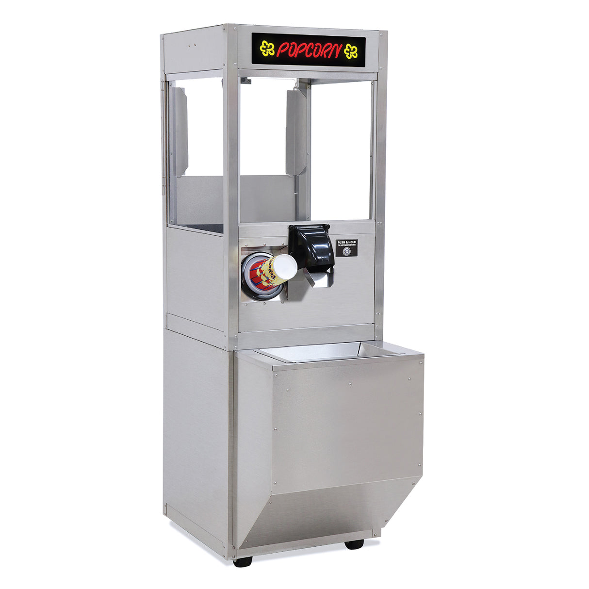 A popcorn dispenser with stainless steel construction features a clear display window, black spout, control panel, and large lower compartment. The top sign reads POPCORN in yellow letters with small popcorn graphics.