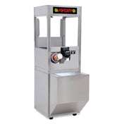 A popcorn dispenser with stainless steel construction features a clear display window, black spout, control panel, and large lower compartment. The top sign reads POPCORN in yellow letters with small popcorn graphics.