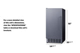 A black, upright rectangular clear ice maker with a handle is shown on a white background. Its dimensions are labeled: 32 inches tall, 14⅝ inches wide, and 22½ inches deep. Text to the left gives instructions for viewing more detailed specifications.