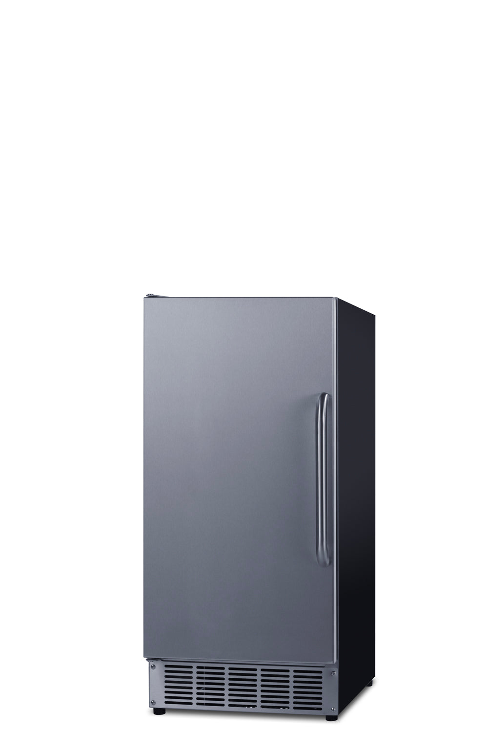 A stainless steel, single-door, ADA compliant undercounter icemaker refrigerator with a vertical handle and a vent at the bottom, standing against a plain white background.