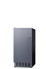 A stainless steel, single-door, ADA compliant undercounter icemaker refrigerator with a vertical handle and a vent at the bottom, standing against a plain white background.