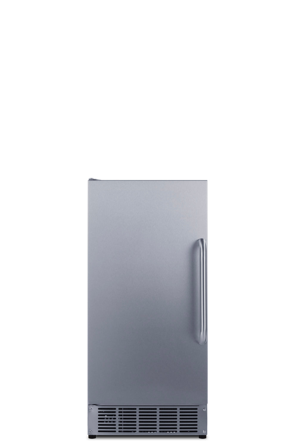A compact, stainless steel undercounter refrigerator with a solid door and right-side vertical handle features a built-in ice maker. Ventilation grilles at the bottom enhance function. The fridge is centered against a plain white background.