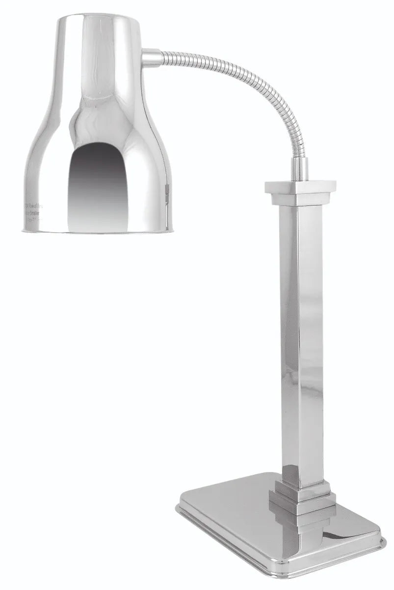 A modern, stainless steel desk lamp with a reflective silver finish, a tall rectangular base, and an adjustable neck supporting an angled, bell-shaped lampshade, pictured against a white background.