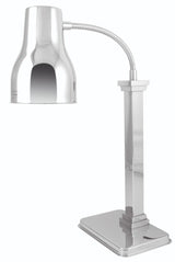 A modern, stainless steel desk lamp with a reflective silver finish, a tall rectangular base, and an adjustable neck supporting an angled, bell-shaped lampshade, pictured against a white background.