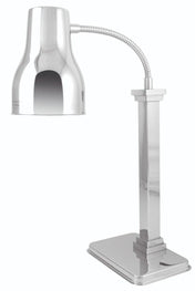 A modern, stainless steel desk lamp with a reflective silver finish, a tall rectangular base, and an adjustable neck supporting an angled, bell-shaped lampshade, pictured against a white background.