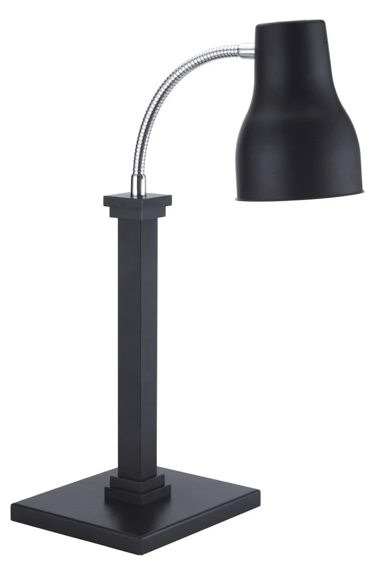 A modern black desk lamp with a square base, tall rectangular column, and a flexible, adjustable neck supporting a matte black bell-shaped lampshade. The minimalistic design is both functional and stylish for office or study use.
