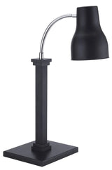 A modern black desk lamp with a square base, tall rectangular column, and a flexible, adjustable neck supporting a matte black bell-shaped lampshade. The minimalistic design is both functional and stylish for office or study use.