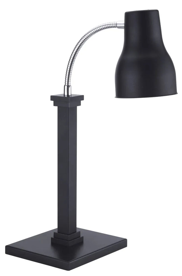 A modern black desk lamp with a square base, tall rectangular column, and a flexible, adjustable neck supporting a matte black bell-shaped lampshade. The minimalistic design is both functional and stylish for office or study use.