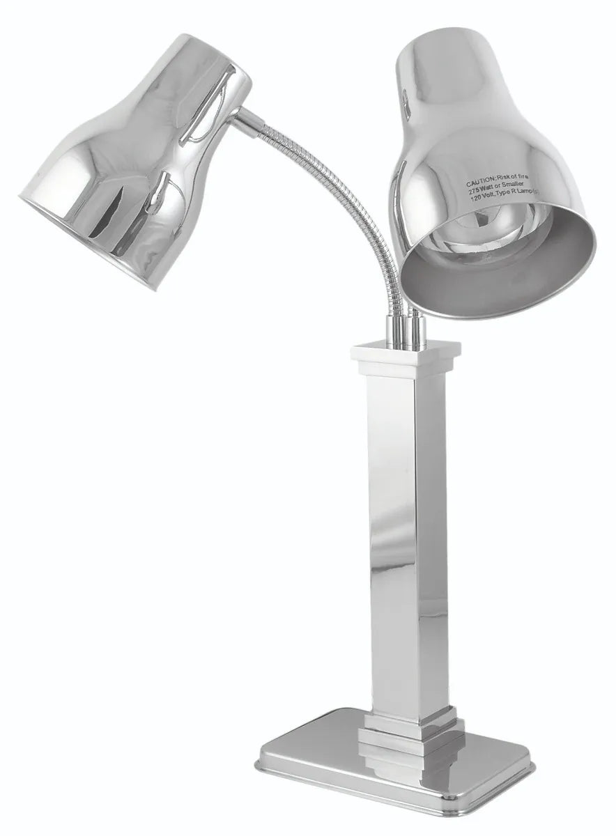 A shiny, modern stainless steel desk lamp features a rectangular base and two adjustable necks, each ending in a cone-shaped shade facing different directions. The lamp’s metallic surface is highly reflective.