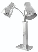 A shiny, modern stainless steel desk lamp features a rectangular base and two adjustable necks, each ending in a cone-shaped shade facing different directions. The lamp’s metallic surface is highly reflective.