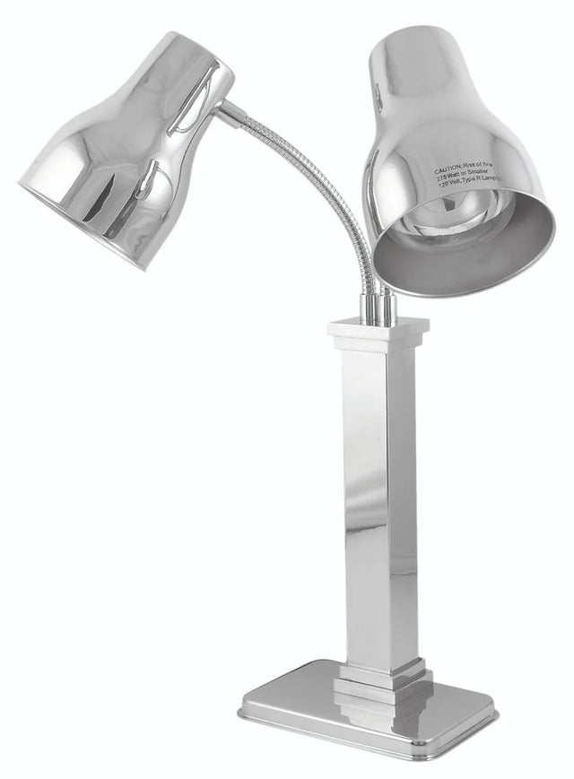 A shiny, modern stainless steel desk lamp features a rectangular base and two adjustable necks, each ending in a cone-shaped shade facing different directions. The lamp’s metallic surface is highly reflective.