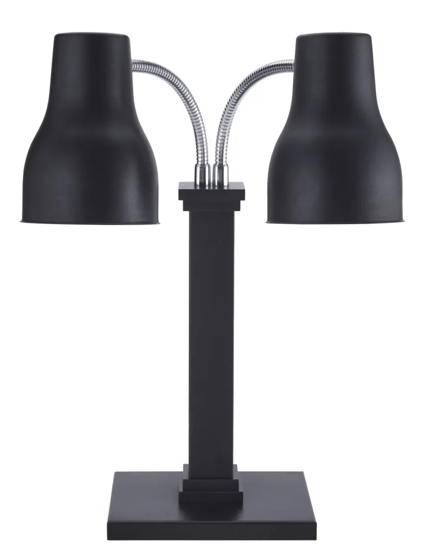 A modern, minimalistic black Double Heat Lamp features two adjustable necks extending from a central rectangular stem on a flat base. Each bell-shaped lamp head is angled outward to provide versatile lighting options.