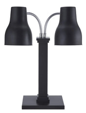 A modern, minimalistic black Double Heat Lamp features two adjustable necks extending from a central rectangular stem on a flat base. Each bell-shaped lamp head is angled outward to provide versatile lighting options.